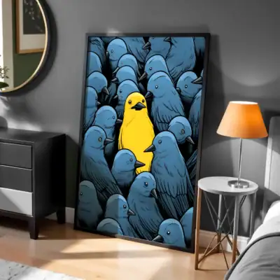 Sarı Lacivert Kuş Figürlü Tasarım