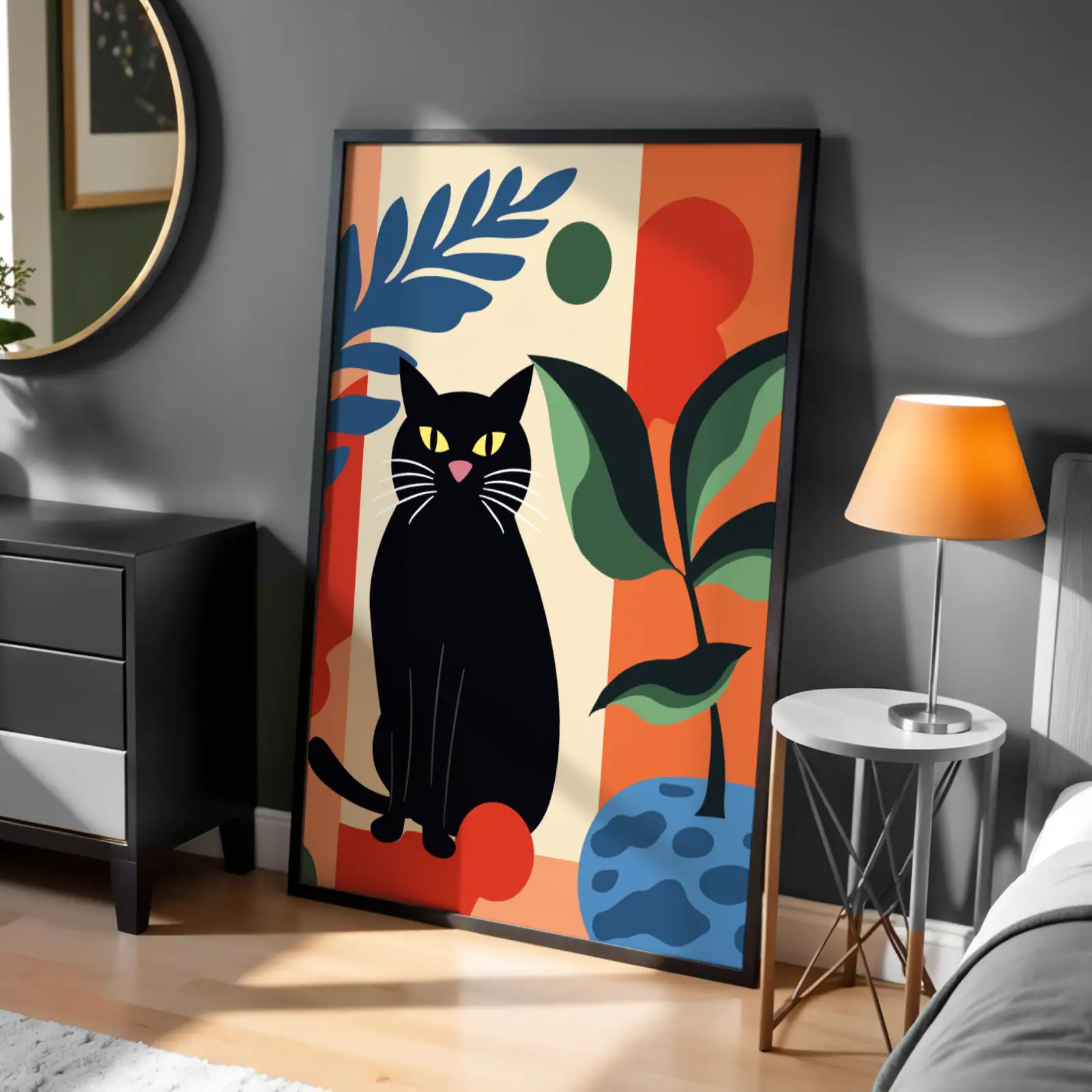 Renkli Tablo Siyah Kedi Detay Dekoratif Tablo