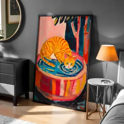 Su İçen Sarı Kedi Dekoratif Tablo