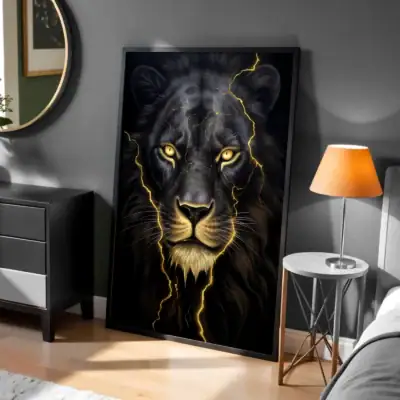 Siyah Gold Detay Aslan Figürü Dekoratif Tablo