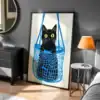 Kedi Sepetinde Komik Soyut İllüstrasyon Dekoratif Tablo