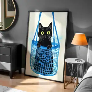 Kedi Sepetinde Komik Soyut İllüstrasyon Dekoratif Tablo