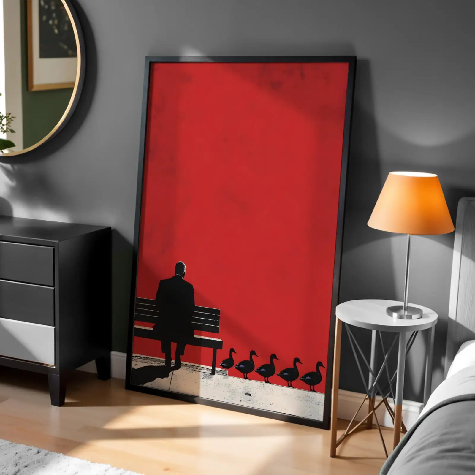 Kırmızı Arka Plan Yalnız Adam Dekoratif Tablo