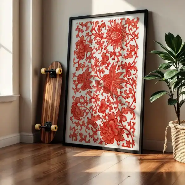 Alternative view of Kırmızı Beyaz Çiçekler Çizgisel Sanat Dekoratif Tablo