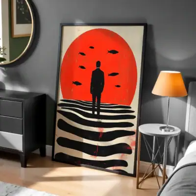 Kırmızı Güneş Silüeti Balık Detay Dekoratif Tablo