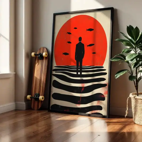Alternative view of Kırmızı Güneş Silüeti Balık Detay Dekoratif Tablo