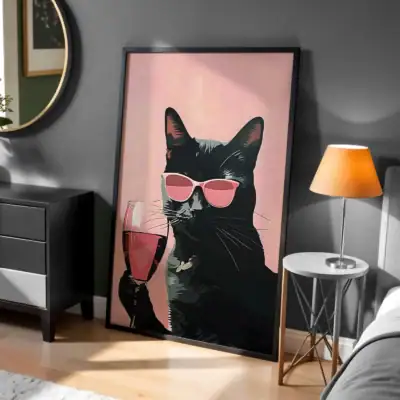Şarap ve Kedi İllüstrasyon Dekoratif Tablo