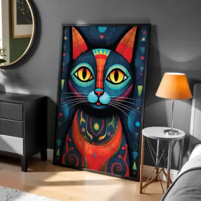 Soyut Renkli Kedi Yüzü Dekoratif Tablo