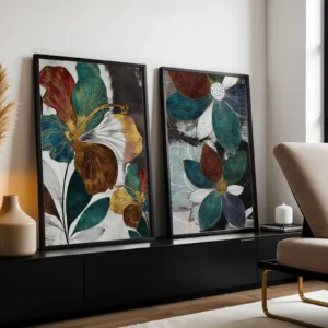 2'li Set | Gold Detay Çiçek Dekoratif Tablolar