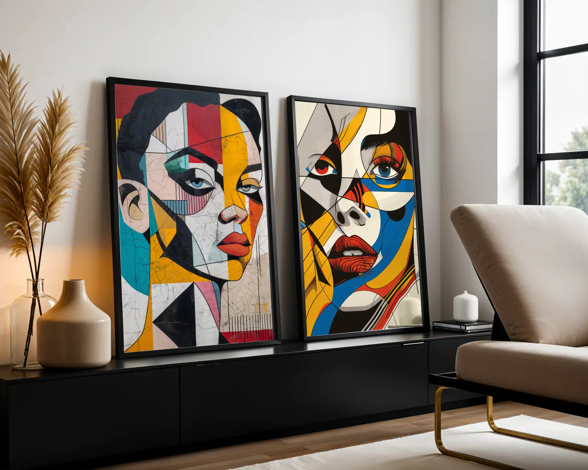 2'li Set | Renkli Kadın Yüzleri Dekoratif Tablolar